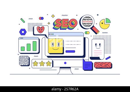 SEO optimization concept. Computer and related icons. Flat line 90s cartoon style. Vector illustration Stock Vector