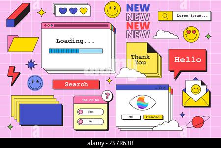 Universal UI Kit for designing responsive websites, mobile apps & user interface. Retro message windows. Pc vintage hipster mail cloud, 1990s technology messages interface elements. Vector Illustration Stock Vector