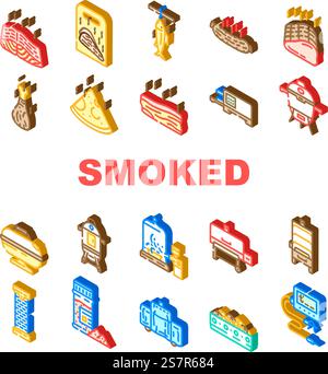 smoked meat bbq icons set vector. grill beef, barbeque cooking, food brisket, pork steak, charcoal board, fire, smoker smoked meat bbq isometric sign illustrations. smoked meat bbq icons set vector Stock Vector