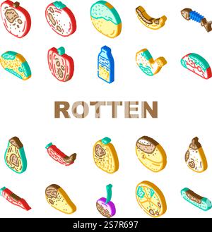 rotten food waste icons set vector. rubbish bad, trash, garbage fruit, vegetable bin, dirty kitchen, junk, reduce rotten food waste isometric sign illustrations. rotten food waste icons set vector Stock Vector