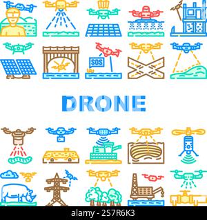 drone use technology icons set vector. agriculture farm, smart camera, farmer modern, precision digital, field, robot soil drone use technology color line illustrations. drone use technology icons set vector Stock Vector