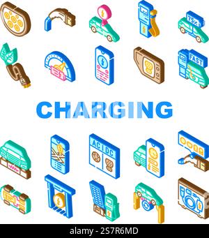 electric car charging icons set vector. station energy, vehicle auto, battery green, recharge power, hybrid, transport electric car charging isometric sign illustrations. electric car charging icons set vector Stock Vector