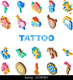 tattoo retro vintage icons set vector. heart, fashion rose, font old school, traditional flame, hand gothic, swallow tattoo retro vintage isometric sign illustrations. tattoo retro vintage icons set vector Stock Vector