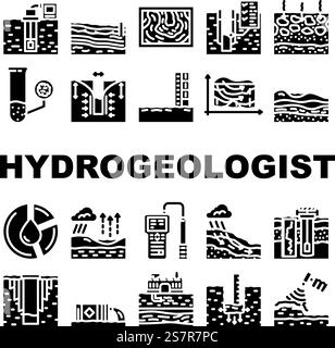 hydrogeologist industrial icons set vector. geology industry, pipe drill, man engineering mining, geologist oil, team, data hydrogeologist industrial glyph pictogram Illustrations. hydrogeologist industrial icons set vector Stock Vector