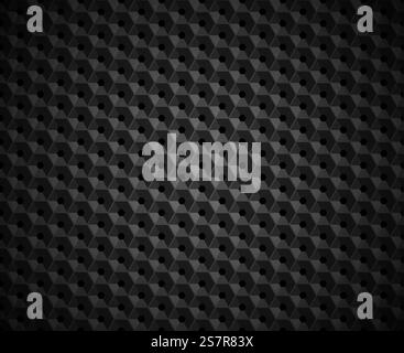 Vector black embossed pattern plastic grid background. Technology diamond shape cell dark geometric pattern.. Hexagonal vector black embossed pattern. Plastic hexagon grid dark background. Hexagon cell with hole geometric pattern Stock Vector