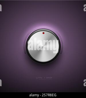 Volume button, sound control icon, music knob metal aluminum or chrome texture and scale with black ring on purple plastic background. Volume button, sound control icon, music knob metal aluminum or chrome texture and scale with black ring on purple plastic background. Stock Vector