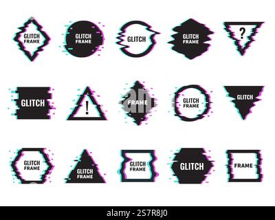 Glitch frames. Distorted graphics with abstract offset and neon glow effects, dynamic damaged geometric shapes, digital signals interference. Trendy minimal poster template decoration vector set. Glitch frames. Distorted graphics with abstract offset and neon glow effects, dynamic damaged geometric shapes, digital signals interference. Trendy poster template decoration. Vector set Stock Vector