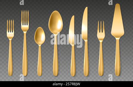 Realistic golden cutlery. Luxury shiny spoons, knives and forks, yellow metal 3d clean closeup dinner tools collection, top view stainless steel tableware vector isolated on transparent background set. Realistic golden cutlery. Luxury spoons, knives and forks, yellow metal 3d closeup dinner tools collection, top view stainless steel tableware. Vector isolated on transparent background set Stock Vector