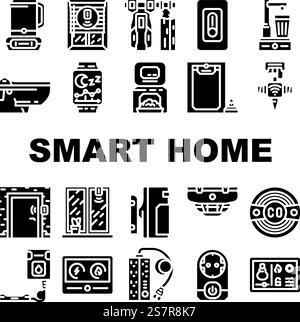 smart home control icons set vector. technology network, wireless digital, internet app, house iot, device, remote smart home control glyph pictogram Illustrations. smart home control icons set vector Stock Vector