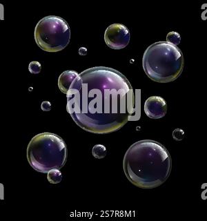 Bubbles soap. Foam abstract bubble shampoo background, clear soap rainbow balls, wash bubbling shiny backdrop, bubbly texture isolated on black. 3D round transparent objects. Vector realistic set. Bubbles soap. Foam abstract bubble shampoo background, clear soap rainbow balls, wash bubbling shiny backdrop, bubbly texture isolated on black. 3D transparent objects. Vector realistic set Stock Vector