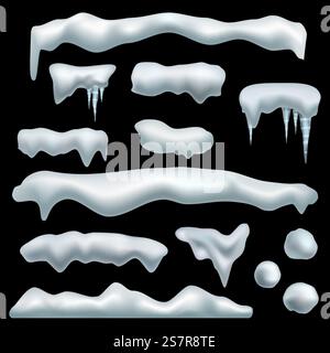 Ice cap. Snow caps with shadow, snowdrifts, snowballs and icicles, frozen roof effect. Winter season christmas and new year realistic 3d isolated on black background decor collection. Vector set. Ice cap. Snow caps with shadow, snowdrifts, snowballs and icicles, frozen roof effect. Winter season christmas and new year realistic 3d isolated on black background decor vector set Stock Vector