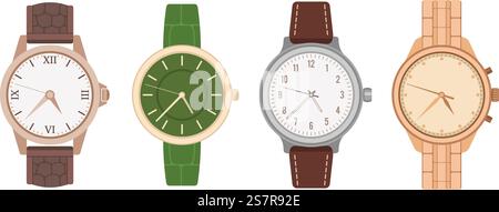 Watch wrist. Mens and womens mechanical watches with different bracelets and straps. Modern and vintage gold and silver accessory, male and female fashion collection. Vector isolated realistic set. Watch wrist. Mens and womens mechanical watches with different bracelets and straps. Modern and vintage gold and silver accessory, fashion collection. Vector isolated realistic set Stock Vector