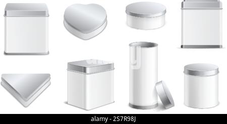 Boxes metal. Realistic blank tin jars different forms square and round, 3d white and aluminum caps containers for products packaging. Coffee tea cookies and candy storage. Vector isolated illustration. Boxes metal. Realistic blank tin jars different forms square and round, 3d white and aluminum caps containers for products packaging. Coffee cookies and candy storage vector isolated illustration Stock Vector
