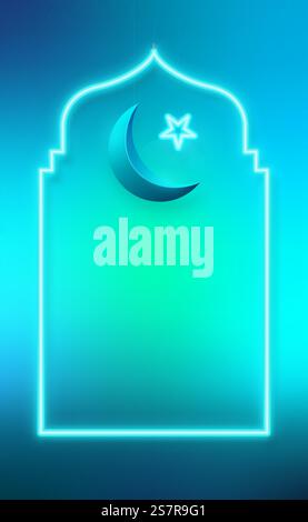Ramadan Kareem neon frame and hanging crescent with star. Design Template for Social Media, Poster, Flyer. Glowing neon Islamic symbol. Stock Vector