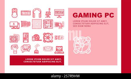 game pc computer gaming landing web page vector. play technology video digital, device player gamer entertainment joystick controller game pc computer gaming Illustration. game pc computer gaming landing header vector Stock Vector