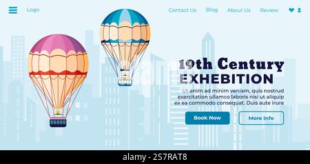 Rare artifacts and models, reproductions of 19th century hot air balloons. History of development of aeronautics and flying devices. Website landing site template, online site vector in flat style. Exhibition of 19th century, first balloons web Stock Vector