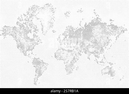 Abstract Dotted Map Black and White Halftone grunge Effect Illustration. World map silhouettes. Continental shapes of dots. Monochrome radial circular grain background. Vector template easy to edit. Abstract Dotted Map Black and White Halftone grunge Effect Illustration. World map silhouette. Continental shapes of dots. Monochrome radial circular grain background. Vector template easy to edit. Stock Vector