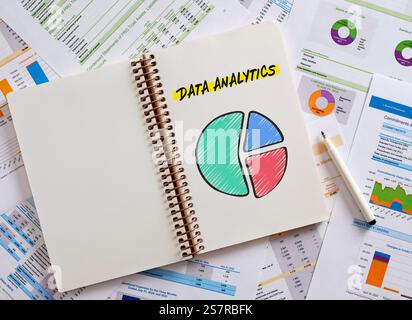 Notebook featuring data analytics with a colorful pie chart, surrounded by financial reports and charts, illustrating business performance analysis Stock Photo