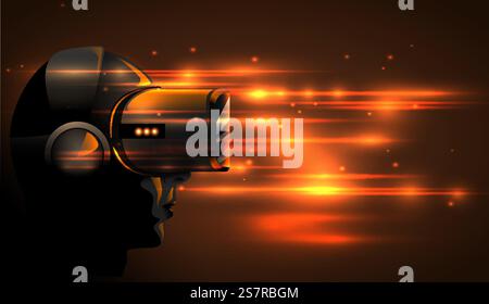 Realistic 3d Virtual Reality Headset Box. Futuristic Innovation digital cyberspace Technology Simulation. Vector silhouette girl wearing stereoscopic vr mask device. Orange glow light background. Realistic 3d Virtual Reality Headset Box. Futuristic Innovation digital cyberspace Technology Simulation. Vector silhouette girl wearing stereoscopic vr mask device. Orange glow light background. Stock Vector