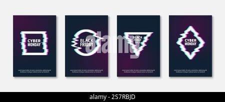 Glitch effects. Abstract trendy frame posters, glitched designs concept, dynamic damaged geometric shapes, black friday and cyber monday sale add. Vector modern minimal cards template with copy space. Glitch effects. Abstract trendy frame posters, glitched designs concept, dynamic damaged geometric shapes, black friday and cyber monday sale add. Vector cards template with copy space Stock Vector