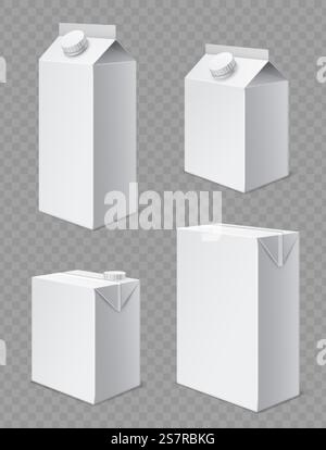 Milk and juice boxes. Realistic white cardboard beverages packaging mockup, 3d blank templates, closed low and high drinks containers with caps angle view vector isolated on transparent background set. Milk and juice boxes. Realistic white cardboard beverages packaging mockup, 3d blank templates, closed low and high drinks containers with caps vector isolated on transparent background set Stock Vector