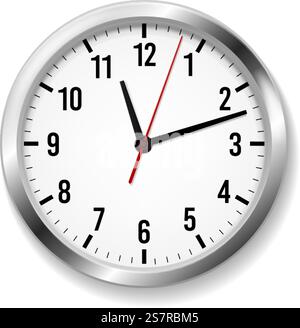 Office realistic clock. Wall round watches with time arrows and clock face. Modern silver metal classic timepiece. Black hour and red minute pointer, interior decor object vector isolated illustration. Office realistic clock. Wall round watches with time arrows and clock face. Modern silver metal classic timepiece. Hour and minute pointer, interior decor object vector isolated illustration Stock Vector