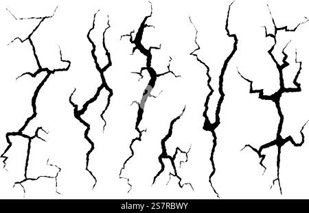 Cracks wall. Fracture structure surface, cleft broken dry lining wall or destroyed cracked glass, earthquake destruction, damage texture effect. Ground fracture hole silhouettes. Vector isolated set. Cracks wall. Fracture structure surface, cleft broken dry lining wall or destroyed cracked glass, earthquake destruction, damage texture effect. Ground fracture hole silhouettes vector set Stock Vector