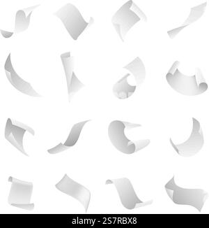 Papers flying. Clean blank paper sheet falling down with curved corners. Pages in loose flight different angles, realistic scattered empty sheets. Office document in air. Vector isolated on white set. Papers flying. Clean blank paper sheet falling down with curved corners. Pages in loose flight different angles, realistic scattered empty sheets. Office document in air. Vector isolated set Stock Vector