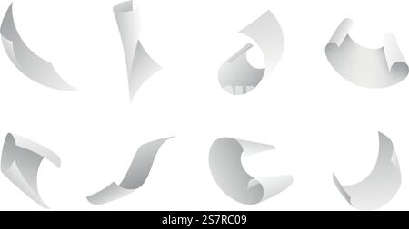 Flying papers. Blank white 3D paper sheet falling down. Curved corners pages flight different angles view with shadows. Scattered empty sheets. Office document in air. Vector realistic isolated set. Flying papers. Blank white 3D paper sheet falling down. Curved corners pages flight different angles view with shadows. Scattered empty sheets. Office documents vector realistic isolated set Stock Vector