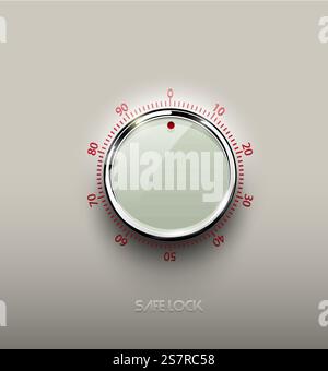 Realistic glass white combination safe lock volume element with chrome metal ring on textured plastic light background. Red glossy round scale. Vector security icon or design element. Realistic glass white combination safe lock volume element with chrome metal ring on textured plastic light background. Red glossy round scale. Vector security icon or design element. Stock Vector