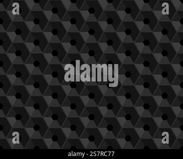 Hexagonal vector black embossed seamless pattern. Plastic hexagon grid dark background. Hexagon cell with hole endless texture. Web page fill geometric pattern.. Hexagonal vector black embossed seamless pattern. Plastic hexagon grid dark background. Hexagon cell with hole endless texture. Web page fill geometric pattern Stock Vector