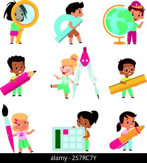 Back to school kids. Happy smiling children hold big school stationery items, boys and girls with globe, calculator and rulers, writing and measuring training tools. Vector flat cartoon isolated set. Back to school kids. Happy smiling children hold big school stationery items, boys and girls with globe, calculator and rulers, writing and measuring training tools. Vector set Stock Vector