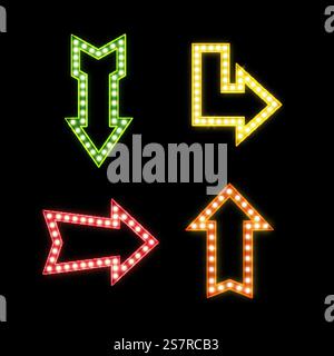 Realistic signs with lamps. Retro illuminated pointers. Glowing symbols of different forms. Bright bar or nightclub advertising electric signboard template. Vector contour arrow neon billboards set. Realistic signs with lamps. Retro illuminated pointers. Glowing symbols of different forms. Bright bar or nightclub advertising electric signboard. Vector contour arrow billboards set Stock Vector