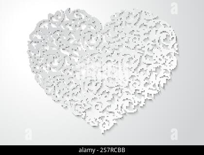 White heart shaped floral pattern with leaves. Patterned 3d love symbol with shadow on light background. Happy Valentines day beautiful paper cut postcard Stock Vector