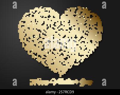 Golden heart shaped floral pattern with leaves. Patterned 3d love symbol with shadow on dark background. Valentines day beautiful shiny paper cut postcard Stock Vector