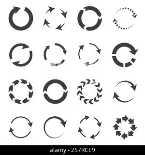 Reload arrows combinations. Rotating looping shapes. Black silhouette download symbols. Isolated round refresh and connected signs set. Motion objects group. Vector simple graphic circular pictograms. Reload arrows combinations. Rotating looping shapes. Black silhouette download symbols. Round refresh and connected signs set. Motion objects group. Vector graphic circular pictograms Stock Vector