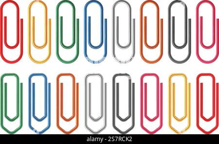 Colored paper clips. Fasteners document sheets realistic clip, office organized, color metal school stationery, announcement holders, paperclips collection. Vector isolated on white background set. Colored paper clips. Fasteners document sheets realistic clip, office organized, color metal school stationery, announcement holders, paperclips collection. Vector isolated set Stock Vector