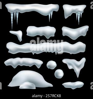 Snow realistic caps. Snowdrifts, snowballs and snowcaps borders with icicles. Xmas frozen icy roof. Snow winter elements, new year and christmas decor. Vector 3d isolated on black background set. Snow realistic caps. Snowdrifts, snowballs and snowcaps borders with icicles. Xmas frozen icy roof. Snow winter elements, new year and christmas decor. Vector 3d isolated set Stock Vector