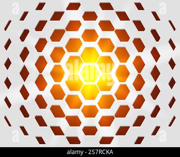 Abstract industrial realistic embossing volume hexagonal texture, depressed 3d hexagon white background, geometric grid. Hot orange and yellow flare behind. Digital futuristic techno vector wallpaper.. Abstract industrial realistic embossing volume hexagonal texture, depressed 3d hexagon white background, geometric grid. Hot orange and yellow flare behind. Digital futuristic techno vector wallpaper Stock Vector