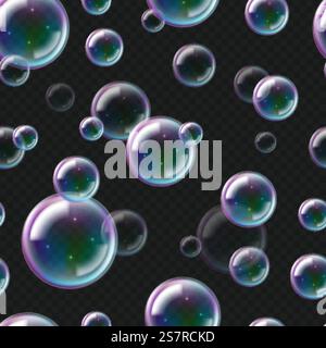 Realistic soap bubbles pattern. 3D seamless texture of flying foam. Underwater air balls on transparent background. Shampoo rainbow spheres with color gradient and reflection. Vector shiny backdrop. Realistic soap bubbles pattern. 3D seamless texture of flying foam. Underwater air balls on transparent background. Shampoo spheres with gradient and reflection. Vector shiny backdrop Stock Vector