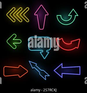 Arrows neon. Light direction arrow bright frames. Casino, nightclub and cinema glowing outside vintage signs. Blue, red and yellow illuminated signboards and pointers, vector isolated on black set. Arrows neon. Light direction arrow bright frames. Casino, nightclub and cinema glowing outside vintage signs. Blue, red and yellow illuminated signboards and pointers, vector isolated set Stock Vector