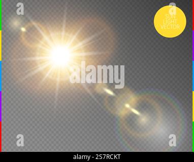 Vector transparent sunlight special lens flare light effect. Isolated sun flash rays and spotlight. Golden front translucent sunlight background. Blur abstract glow glare decor element. Star burst. Vector transparent sunlight special lens flare light effect. Isolated sun flash rays and spotlight. Golden front translucent sunlight background. Blur abstract glow glare decor element. Star burst. Stock Vector