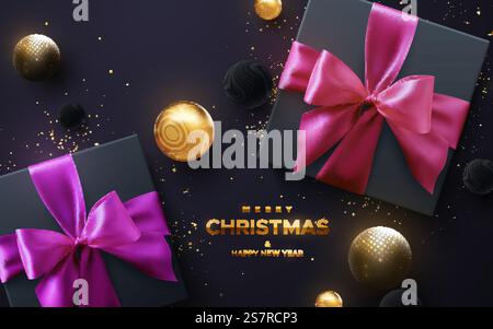Merry Christmas and Happy New Year golden sign. Black gift boxes with pink and purple bow and ribbons on black background. Vector holiday 3d illustration. Gifts with gold balls and confetti particles.. Merry Christmas and Happy New Year golden sign. Black gift boxes with pink and yellow bow and ribbons on black background. Stock Vector