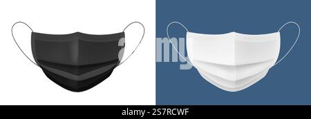 Black and white medical antiviral mask. Realistic 3d face protection, covid-19 and flu viruses antibacterial barrier, stop bacteria, nose textile filter beware coronavirus epidemic vector isolated set. Black and white medical antiviral mask. Realistic 3d face protection, covid-19 and viruses antibacterial barrier, stop bacteria, nose textile filter beware coronavirus epidemic vector set Stock Vector