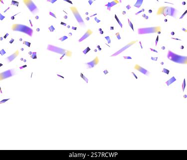 Falling confetti holographic. Tinsel with iridescent realistic texture, glitter foil hologram pieces, christmas banner background, poster and greeting card frame. Vector isolated on white illustration. Falling confetti holographic. Tinsel with iridescent realistic texture, glitter foil hologram pieces, christmas banner background, poster and cards frame. Vector isolated on white illustration Stock Vector