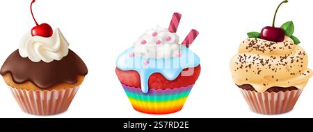 Realistic cupcakes. Homemade sweet dessert with pink and white icing in paper cups. Chocolate caramel and rainbow muffins with cream and cherry berries. Vector confectionery isolated on white set. Realistic cupcakes. Homemade sweet dessert with pink and white icing in paper cups. Chocolate caramel and rainbow muffins with cream and cherry berries. Vector confectionery isolated set Stock Vector