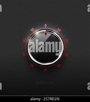 Realistic glass black combination safe lock volume element with chrome metal ring on textured plastic dark background. Red glossy round scale. Vector security icon or design element. Realistic glass black combination safe lock volume element with chrome metal ring on textured plastic dark background. Red glossy round scale. Vector security icon or design element. Stock Vector
