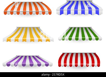 Awnings striped. Outdoor canopy colorful for shop, restaurants and market. Store facade window and roof decoration different forms collection, vintage striped sunshade. Vector realistic isolated set. Awnings striped. Outdoor canopy colorful for shop, restaurants and market. Store window and roof decoration different forms collection, vintage striped sunshade. Vector realistic set Stock Vector