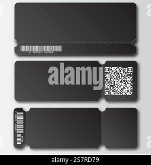 Black ticket template with tear-off element, barcode and QR code isolated on transparent background. Music, Dance, Live Concert event entrance vector invitation card. Lottery blank.. Black ticket template with tear-off element, barcode and QR code isolated on transparent background. Music, Dance, Live Concert event entrance vector invitation card. Lottery blank Stock Vector