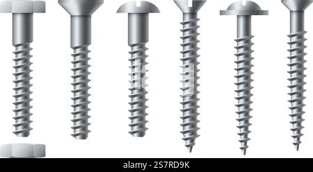 Bolt and screw. Realistic self-tapping. Metal nails with nut. Workshop assortment template. Round or hexagon fastener caps. Isolated industrial construction hardware. Vector steel repair tools set. Bolt and screw. Realistic self-tapping. Metal nails with nut. Workshop assortment. Round or hexagon fastener caps. Isolated industrial construction hardware. Vector repair tools set Stock Vector